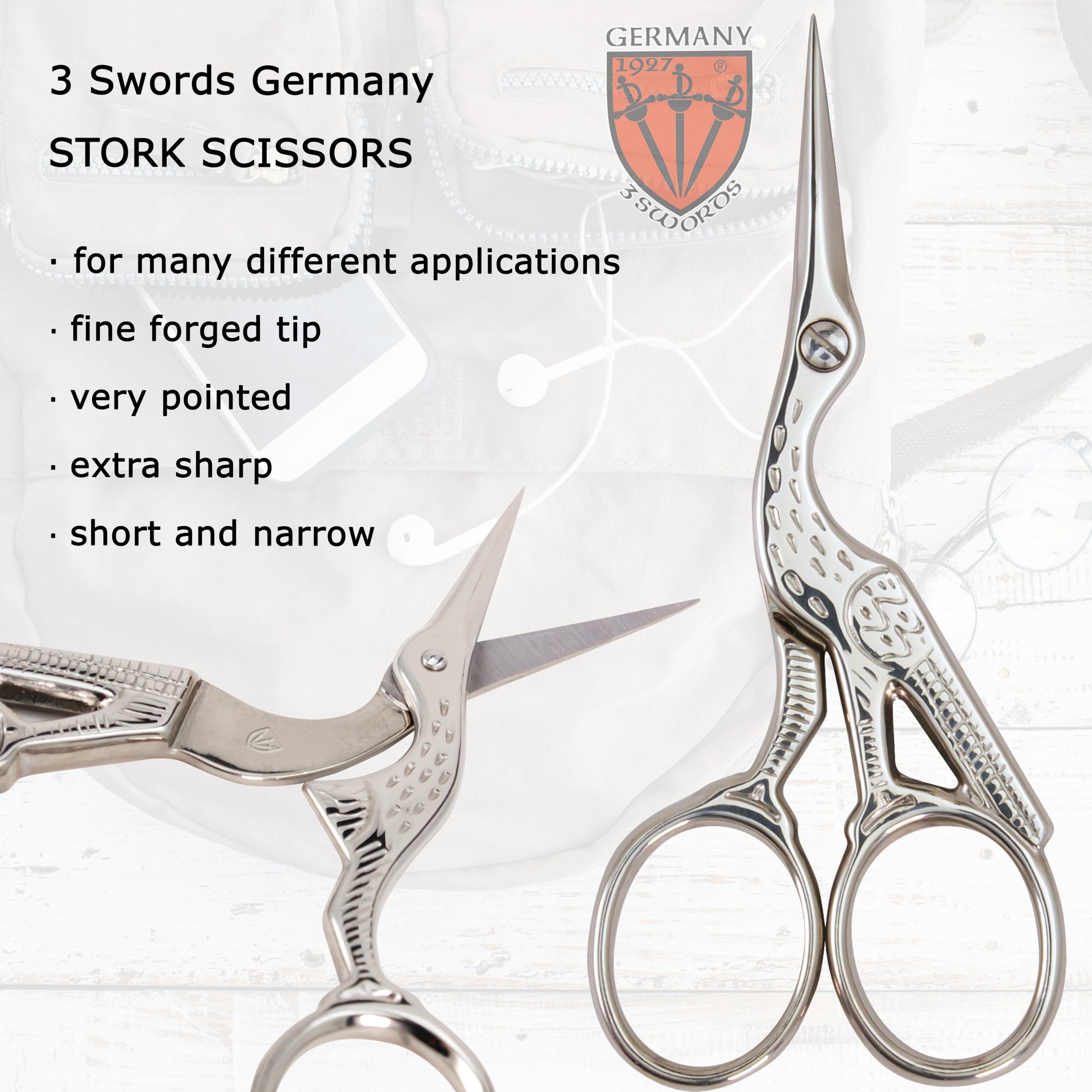 3 Swords Germany - Embroidery Scissors, Stork Scissors Shears for Art Work, Daily Use in Household, Sewing, Art Work, Craft with black Synthetic Leather case