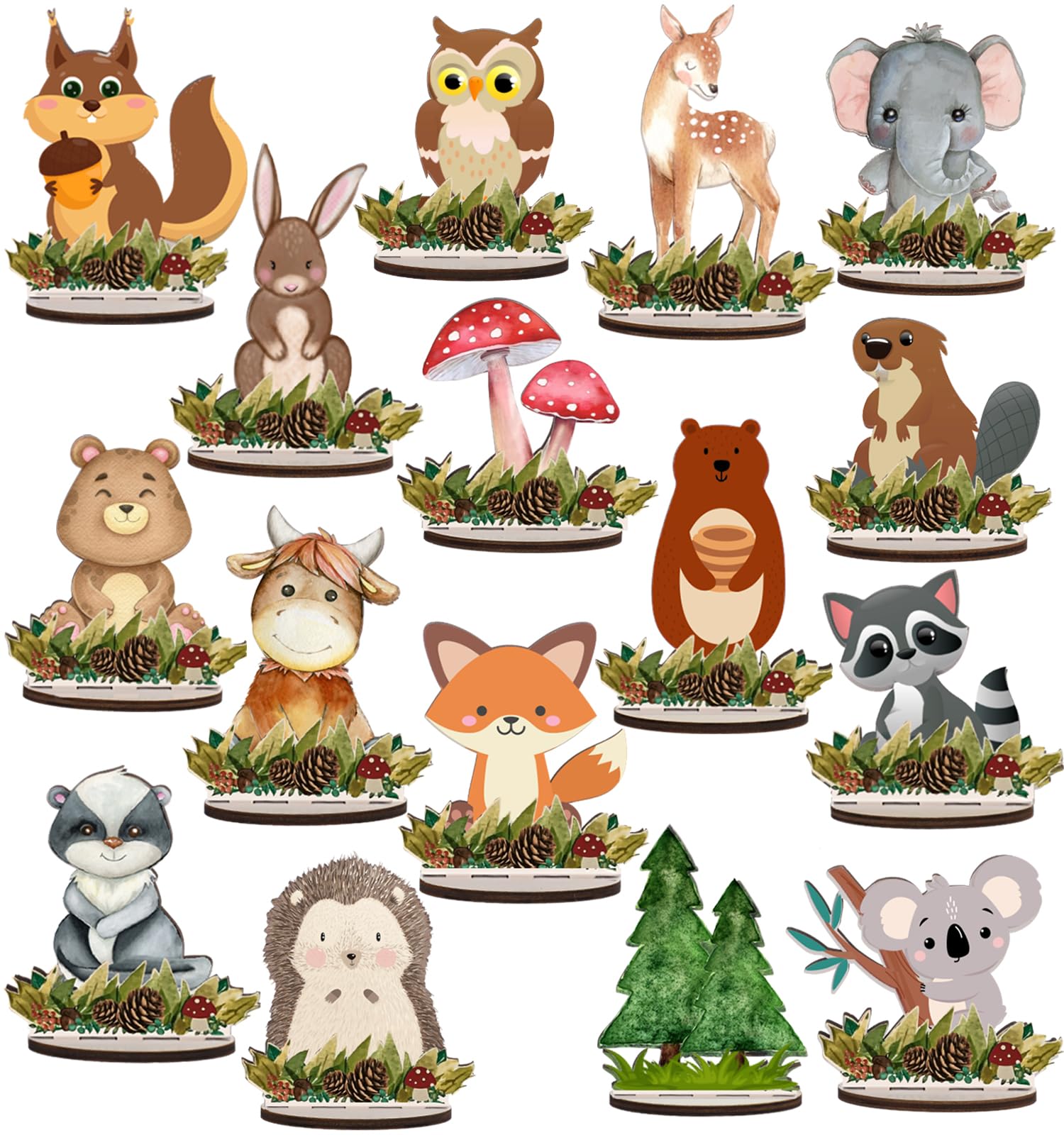 16 Pcs Woodland and Jungle Baby Shower Decorations Wooden Woodland Birthday Decorations Safari Theme Animals Table Decorations for Baby Shower Birthday