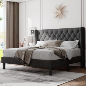 feonase king size bed frame with wingback, upholstered platform bed with diamond tufted headboard, heavy duty bed frame, wood slat, easy assembly, noise-free, no box spring needed, dark gray