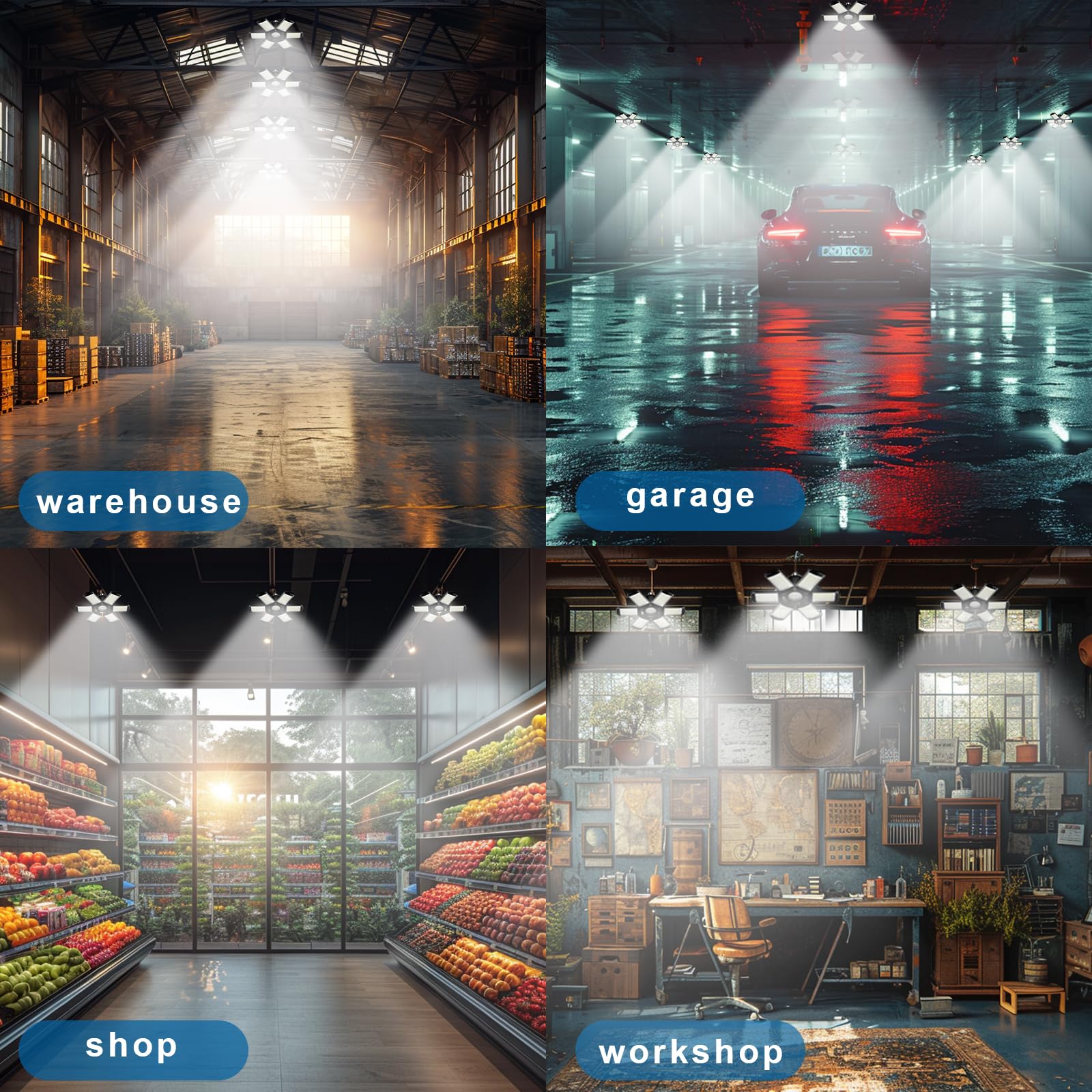 Doeklpo 2 Pack LED Garage Lights,150W LED Shop Light,15000LM LED Garage Ceiling Lights,Garage LED Lighting with 6+1 Deformable Panels,E26/E27 Garage Lights Ceiling LED for Warehouse Garage,Workshop