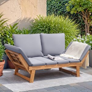 Devoko Outdoor Couch Acacia Wood Patio Couch with Adjustable Armrests,Outdoor Convertible Sofa with Removable Cushions&Pillows for Patio, Porch, Poolside(Grey)