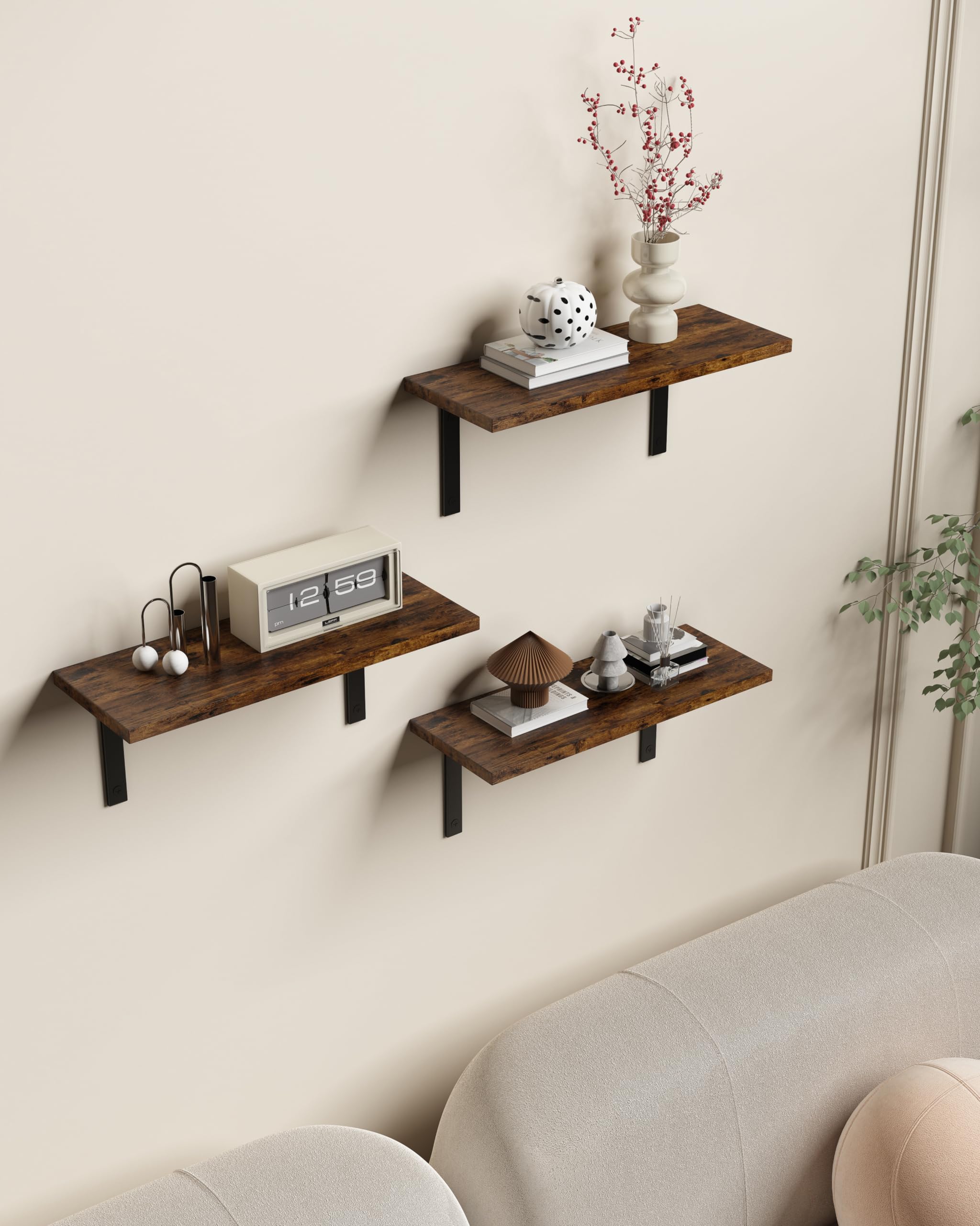 HOLISUN Floating Shelves, Set of 3, Wall Mounted, Wood, for Bathroom, Bedroom, Living Room, Kitchen, Small Storage Shelves (Brown)