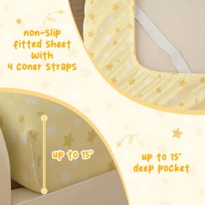 Bedmoon Boys Girls Twin Sheets, Kids Yellow Star Bed Sheet Set with Non-Slip Fitted Sheet, Boys Girls Star Soft Microfiber Twin Sheets & Pillowcases