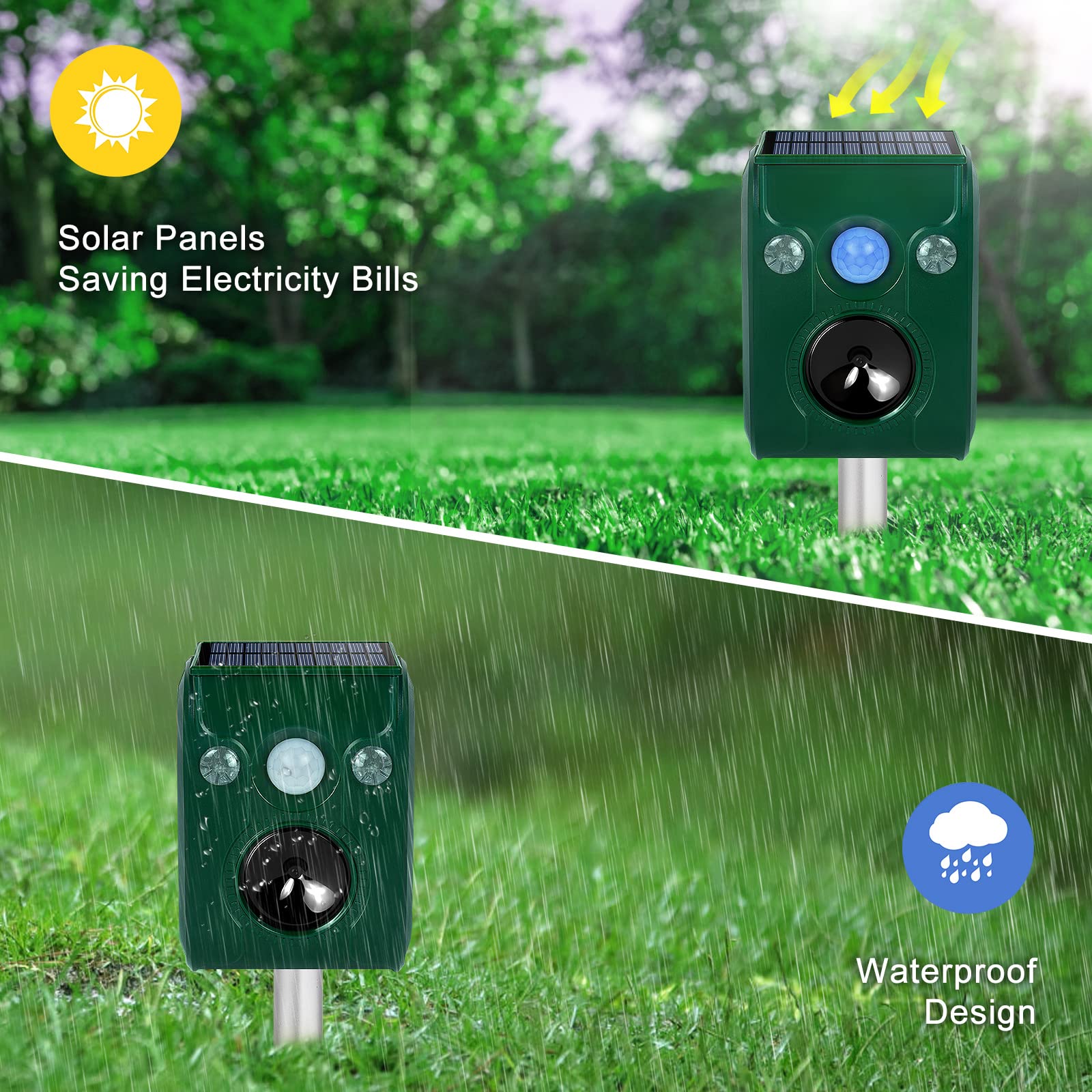 PGFIT Solar Animal Repeller. Ultrasonic Animal Repellent. with Flashing LED Light and Alarm to expel Cats, Dogs, Squirrels, Deer, Raccoons, Skunks, Rabbits, Foxes, etc