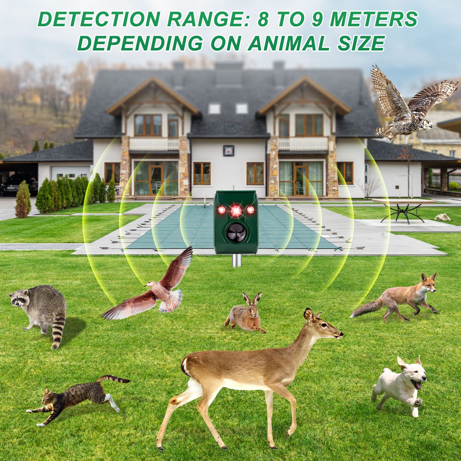 PGFIT Solar Animal Repeller. Ultrasonic Animal Repellent. with Flashing LED Light and Alarm to expel Cats, Dogs, Squirrels, Deer, Raccoons, Skunks, Rabbits, Foxes, etc