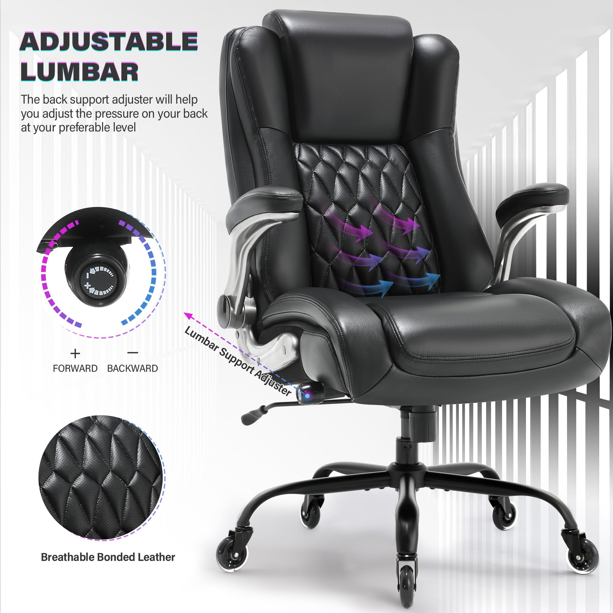 High Back Office Chair- Lifting Headrest Flip Arms Built-in Adjustable Lumbar Support, Executive Computer Desk Chair Ergonomic Design Strong Metal Base Multifunctional Home Office Work Chairs