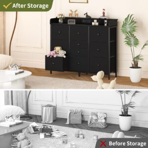 Yoobure Dresser for Bedroom with Charging Station and LED Lights, Tall Dresser TV Stand with 10 Storage Drawers,Fabric Black Dressers & Chests of Drawers,Wood Dresser for Bedroom Closet Organizer