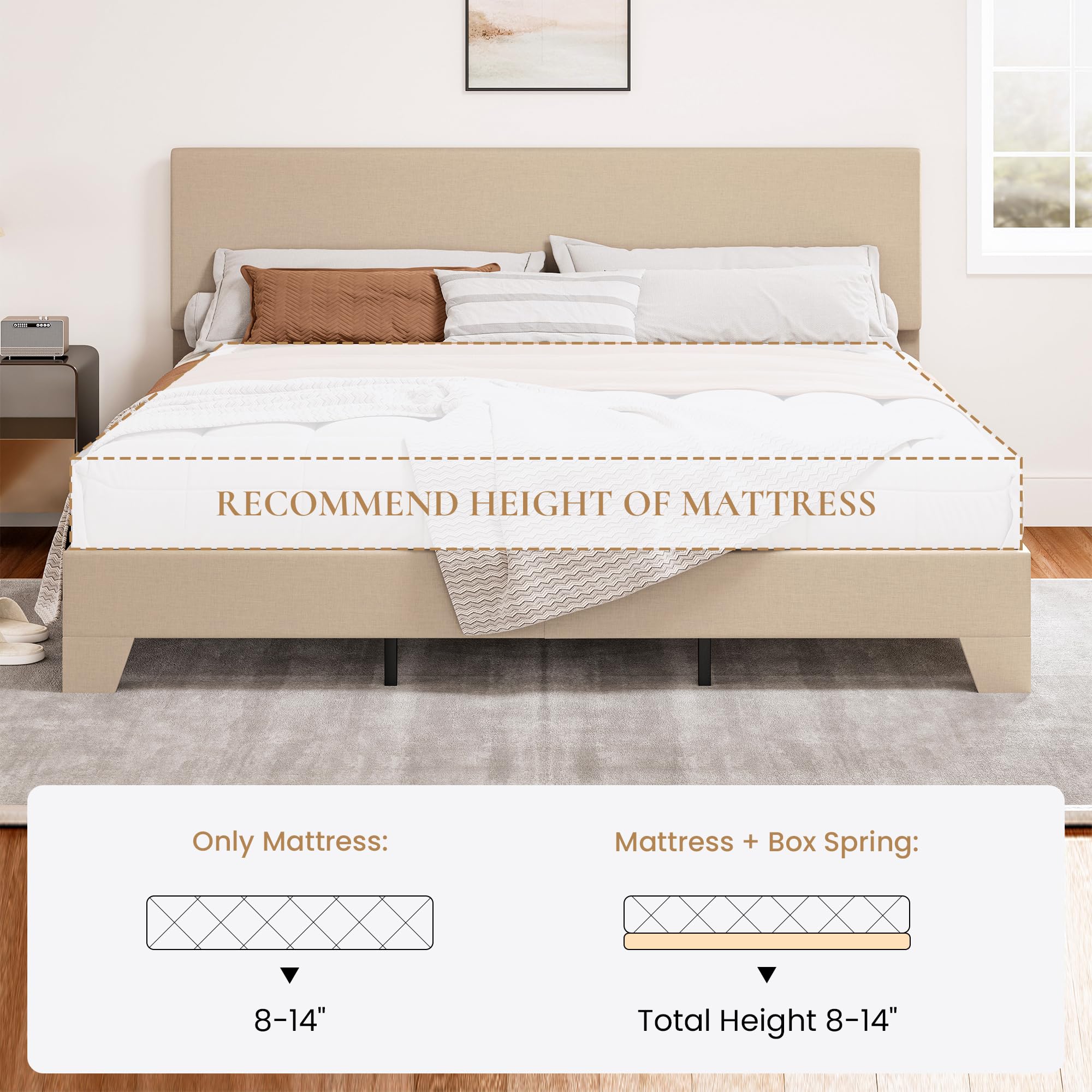 SHA CERLIN Upholstered King Size Bed Frame with Adjustable Headboard, Stable Mattress Foundation, Strong Back-Support, No Box Spring Needed, Beige