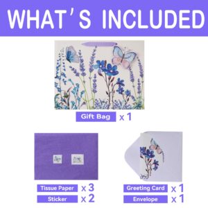 16.5" Extra Large Purple Gift Bag Set with Greeting Card and Tissue Papers (Lavender and 3D Butterfly) for Women's Birthday Party, Girls' or Kids' Party, Mothers' Day, Wedding, Anniversary, Baby Shower - 16.5”x5.5”x12.6”, 1 Pcs.