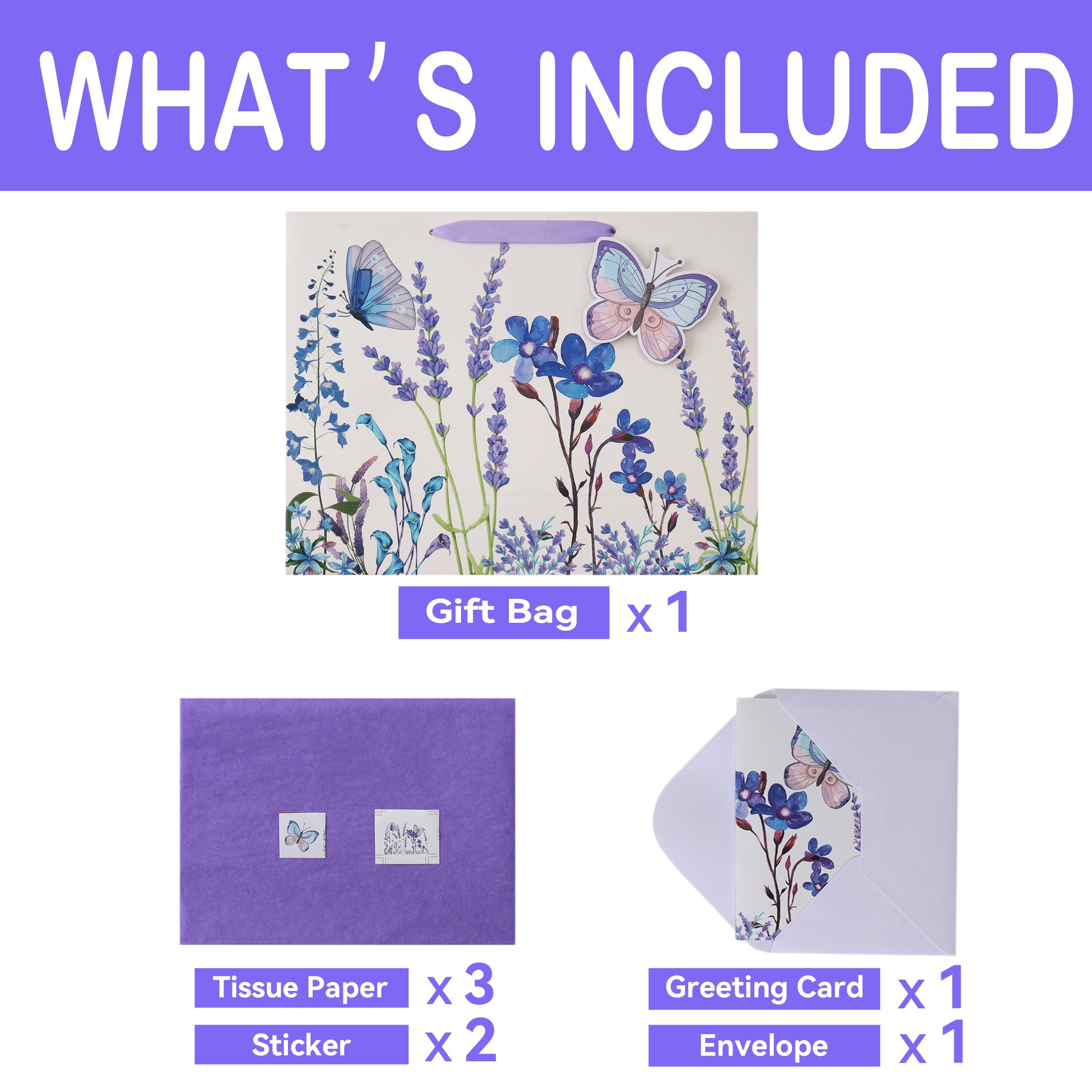 16.5" Extra Large Purple Gift Bag Set with Greeting Card and Tissue Papers (Lavender and 3D Butterfly) for Women's Birthday Party, Girls' or Kids' Party, Mothers' Day, Wedding, Anniversary, Baby Shower - 16.5”x5.5”x12.6”, 1 Pcs.