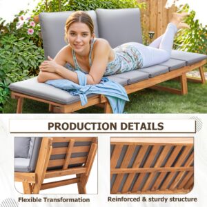 Devoko Outdoor Couch Acacia Wood Patio Couch with Adjustable Armrests,Outdoor Convertible Sofa with Removable Cushions&Pillows for Patio, Porch, Poolside(Grey)