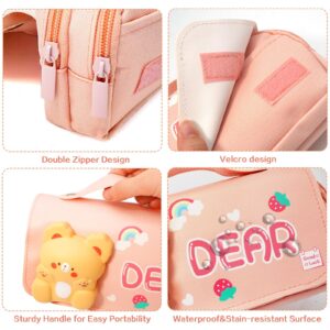 FEWOFJ Cute Bear Pencil Case for Kids,Kawaii Girls Pencil Pouch with Compartments,Stress Release Pencil Bag for Elementary Students(Pink)