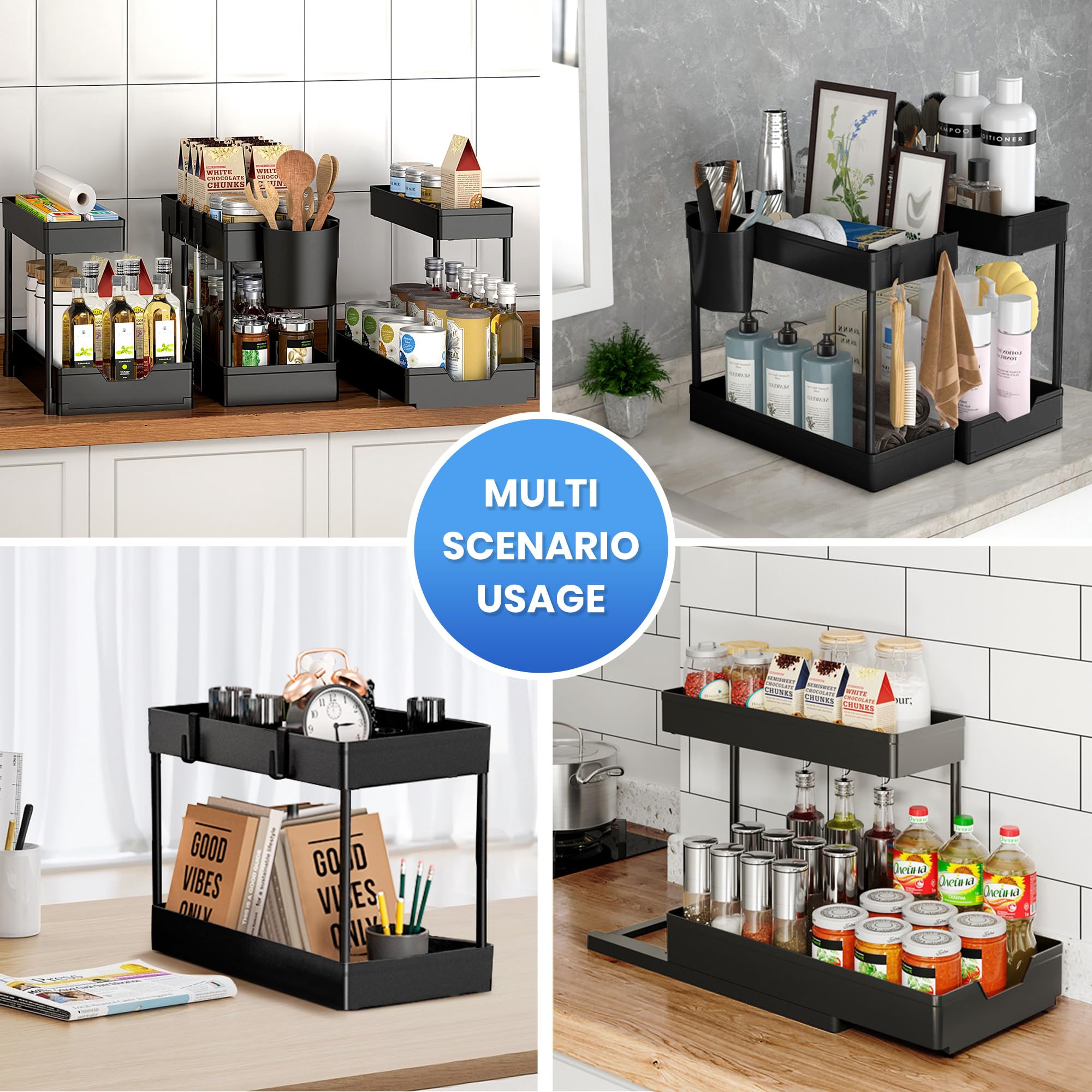 Under Sink Organizers and Storage, 3 Pack of 2-Tier Multi-Use Cabinet Organizers with Sliding Drawers, Hooks and Hanging Cups, Under Sink Organizers for Kitchen and Bathroom Home Organization(Black)