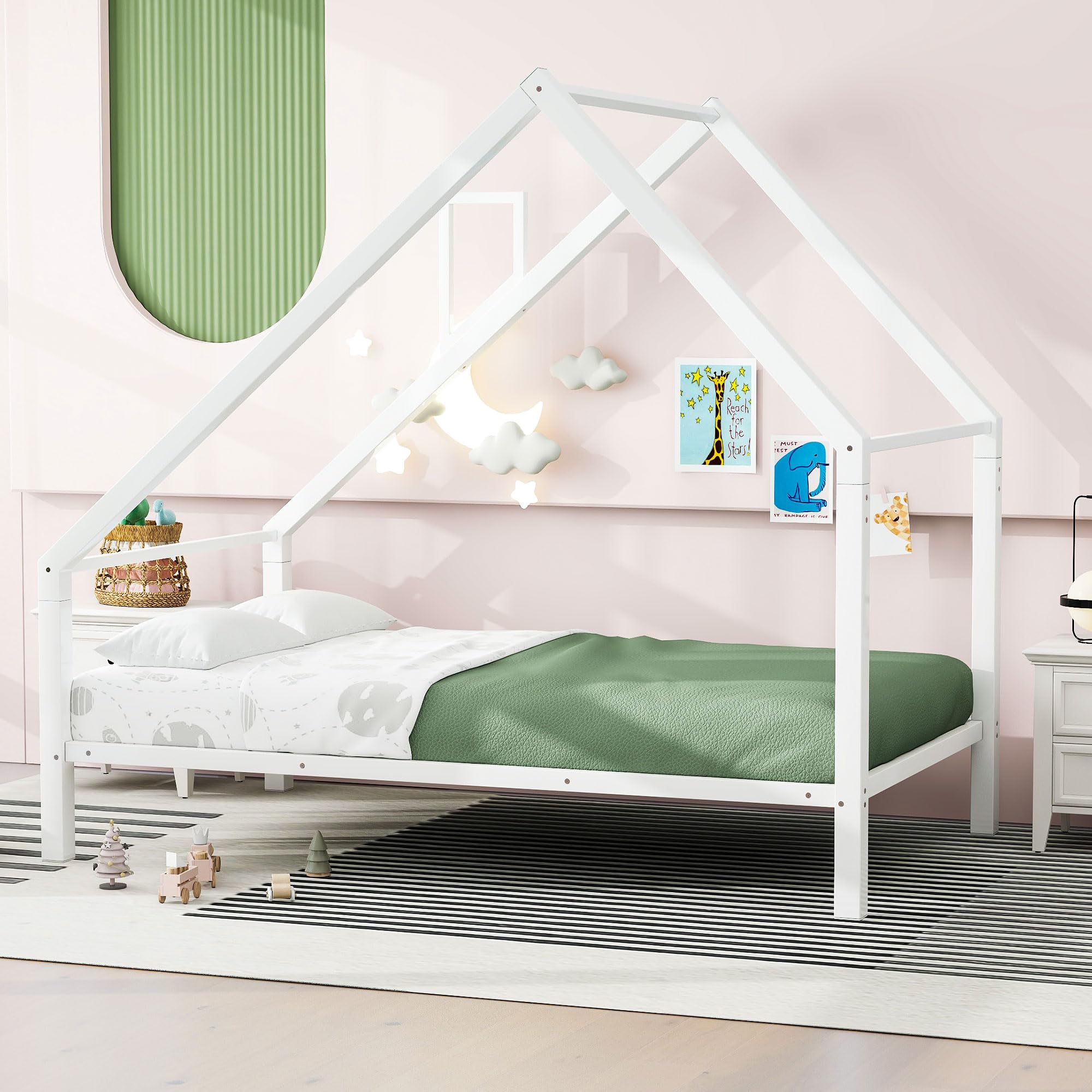 Bellemave Twin House Bed for Kids, Kids Twin Bed, Twin Bed for Girls/Boys, Montessori Bed for Kids with Roof, Metal House Bed for Kids, White