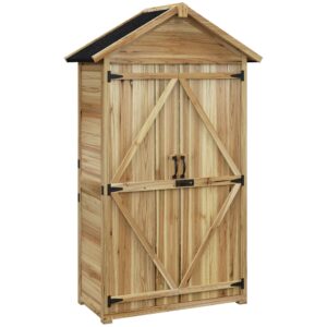 outsunny outdoor storage cabinet with waterproof asphalt roof, wooden garden shed with double lockable doors and shelves, wood tool shed for backyard, patio, lawn, natural