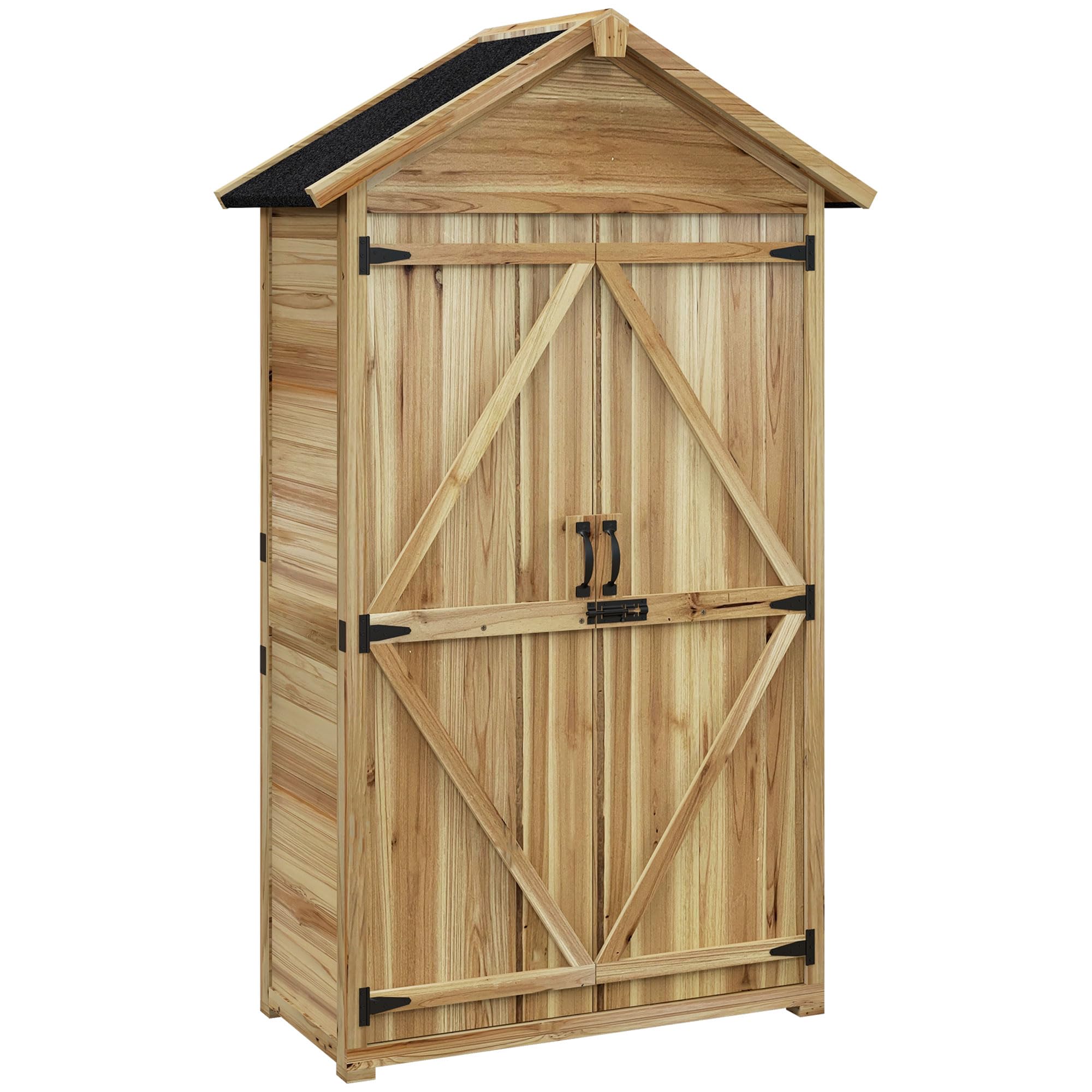 Outsunny Outdoor Storage Cabinet with Waterproof Asphalt Roof, Wooden Garden Shed with Double Lockable Doors and Shelves, Wood Tool Shed for Backyard, Patio, Lawn, Natural