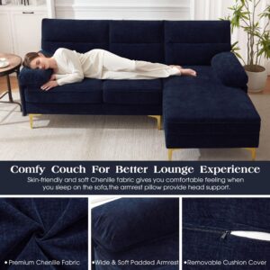 85" Sofa for Living Room, L Shape Sectional Couch Convertible 3 Seater Comfy Sofa, Modern Chenille Fabric Sofa with Reversible Chaise & Fluffy Armrests for Apartment, Small Space (Dark Blue, 85 inch)