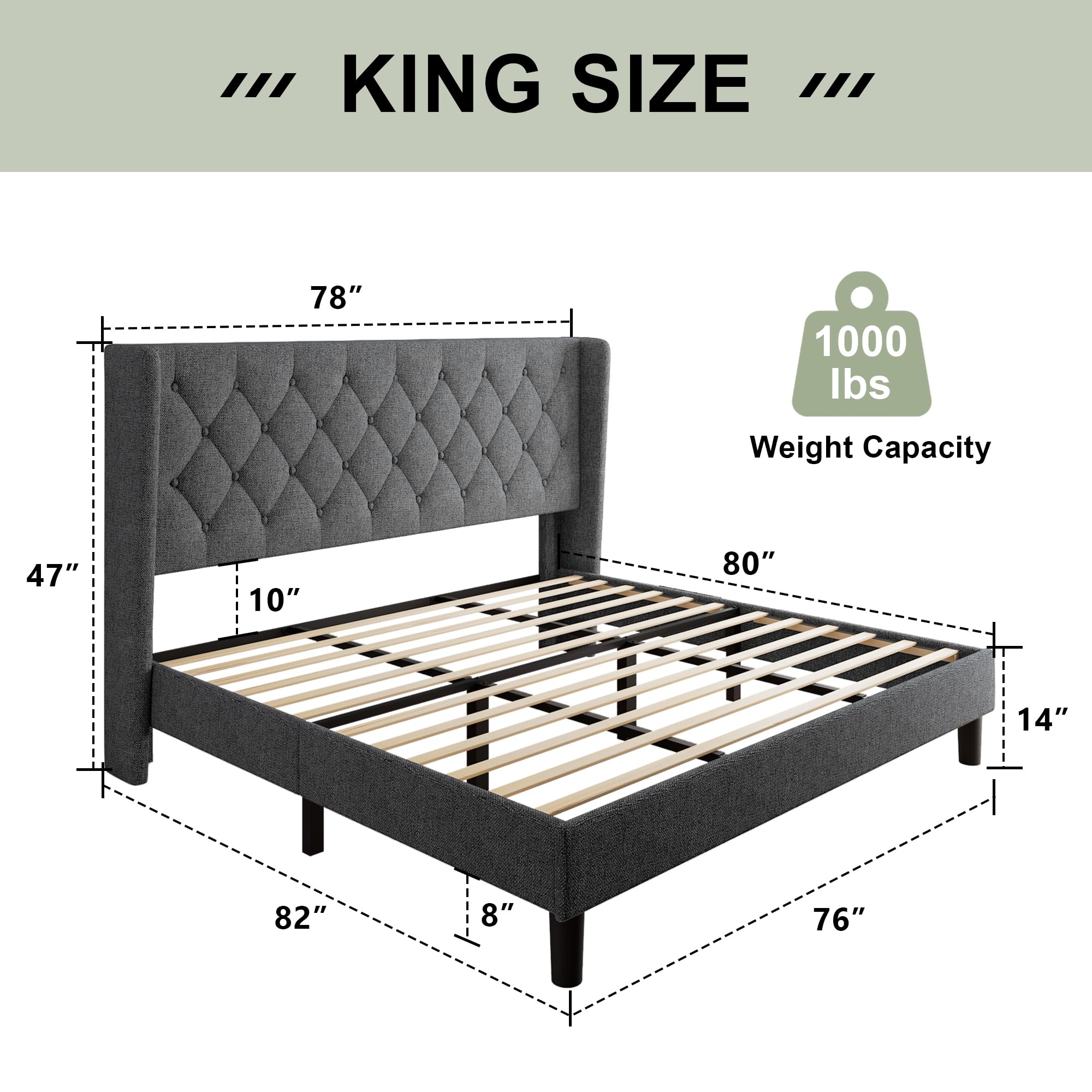 Feonase King Size Bed Frame with Wingback, Upholstered Platform Bed with Diamond Tufted Headboard, Heavy Duty Bed Frame, Wood Slat, Easy Assembly, Noise-Free, No Box Spring Needed, Dark Gray