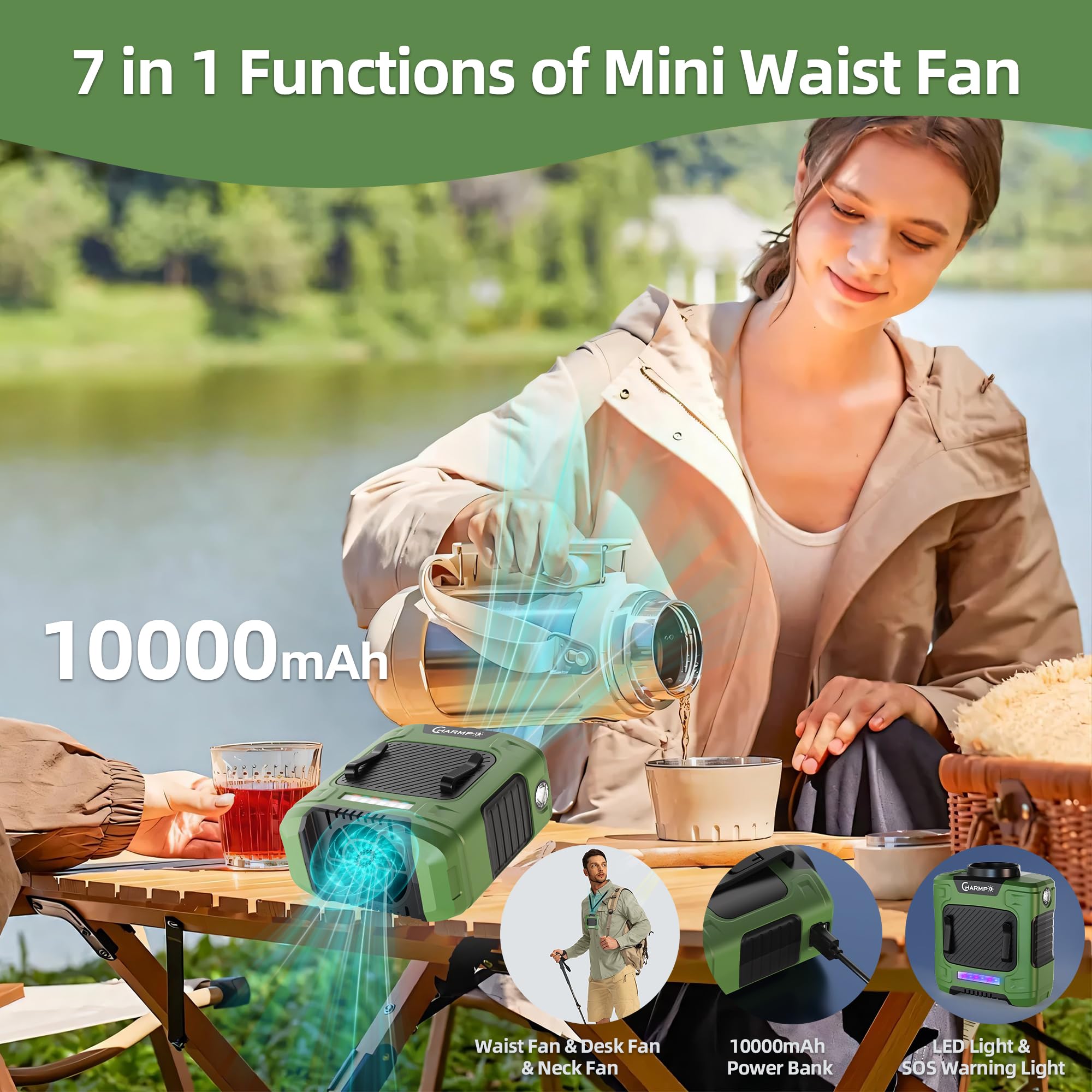 CHARMPㅤ Waist Fan - Portable Neck Fan with 10000mAh Battery, 24-Hour Runtime, LED SOS Light, 3 Speeds, 15500RPM Strong Airflow - Ideal Belt Clip Fan for Jobsite, Farming, Fishing