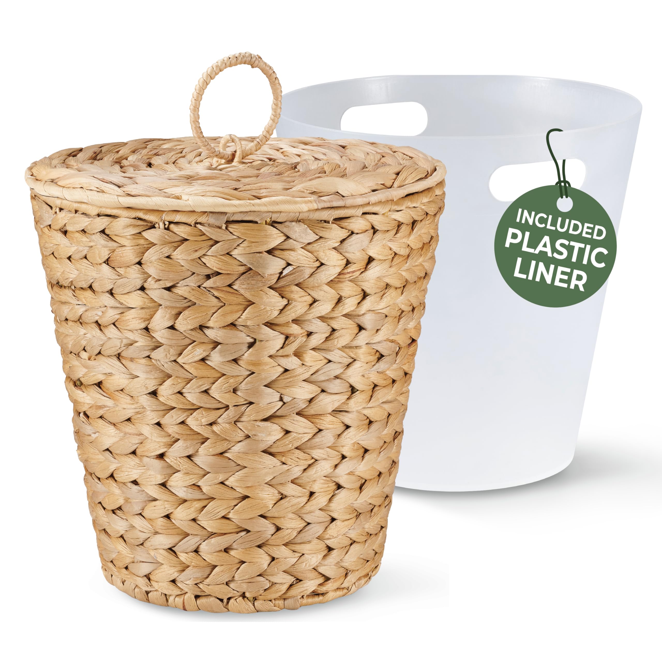 84eco 3 Gallons Wicker Trash Can with Lid & Liner - Rattan Trash Can - Wicker Waste Basket for Bathroom, Bedroom, Kitchen, Living Room - Wicker Trash Basket