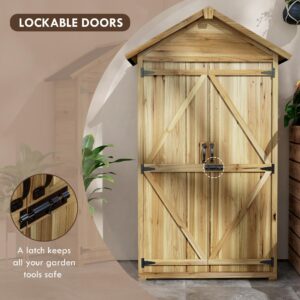 Outsunny Outdoor Storage Cabinet with Waterproof Asphalt Roof, Wooden Garden Shed with Double Lockable Doors and Shelves, Wood Tool Shed for Backyard, Patio, Lawn, Natural