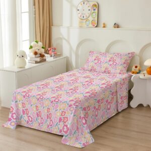 Bedmoon Girls Twin Sheets, Kids Pink Floral Bed Sheet Set with Non-Slip Fitted Sheet, Girls Soft Flower Microfiber Twin Sheets & Pillowcases