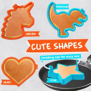 Kamehame Silicone Pancake Molds for Heart, Star, Dinosaur, Unicorn Shape Pancakes, 4 Pack Nonstick Pancake Shaper for kids, Fun Cake Ring Mold for Griddle Cooking