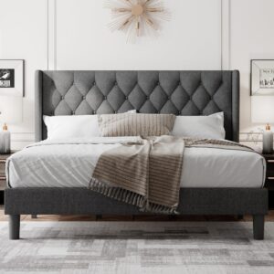 Feonase King Size Bed Frame with Wingback, Upholstered Platform Bed with Diamond Tufted Headboard, Heavy Duty Bed Frame, Wood Slat, Easy Assembly, Noise-Free, No Box Spring Needed, Dark Gray