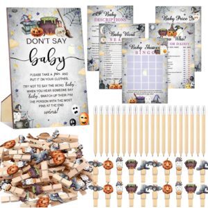 patelai 321 pcs baby shower games supplies, 5 sets (50 cards each) activities cards with 20 pencils 1 don't say baby sign 50 clothespin(halloween)