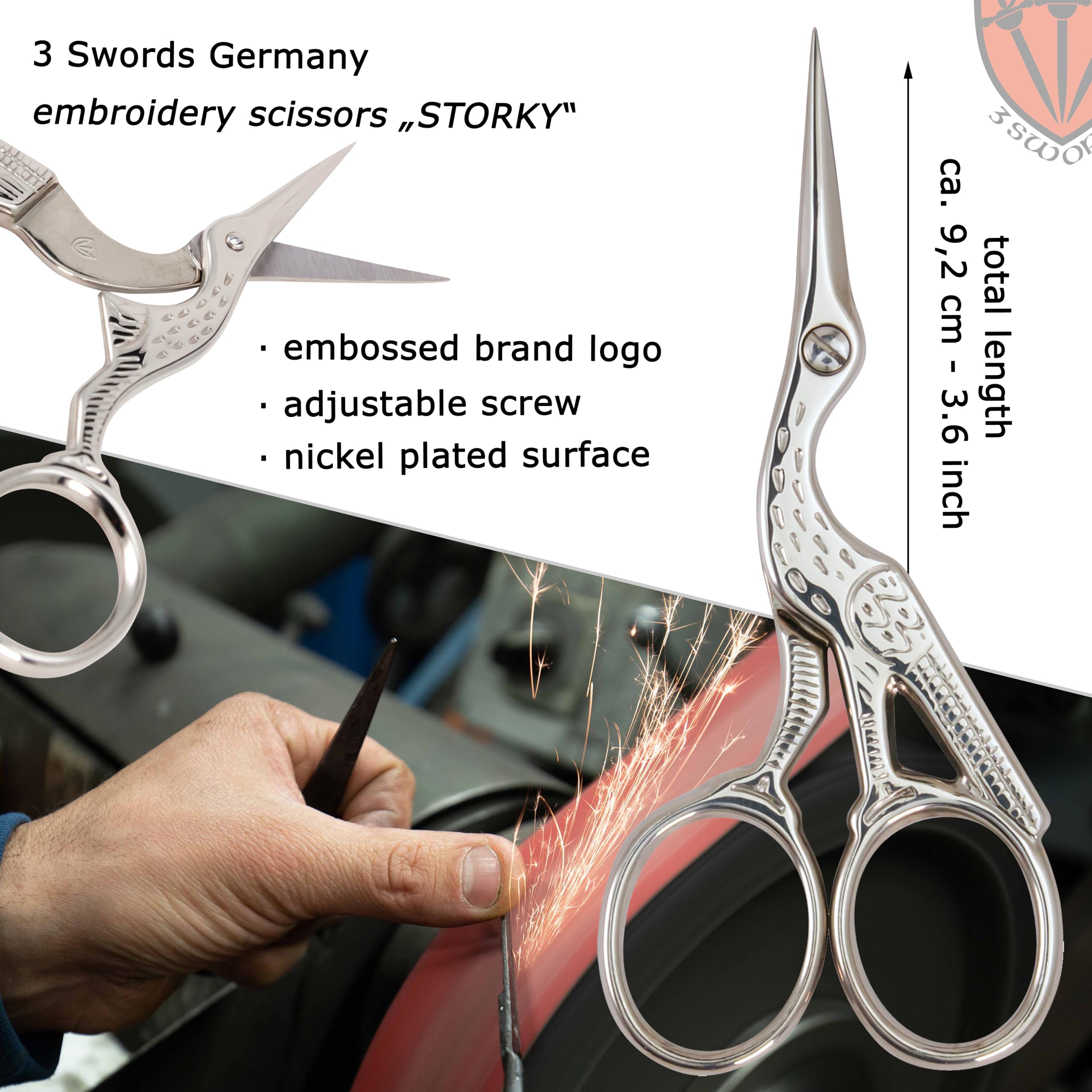 3 Swords Germany - Embroidery Scissors, Stork Scissors Shears for Art Work, Daily Use in Household, Sewing, Art Work, Craft with black Synthetic Leather case