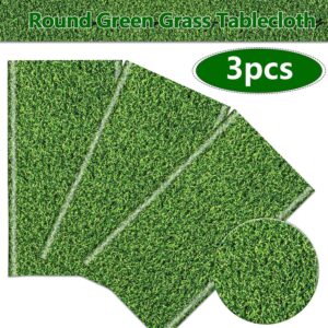 PIXHOTUL 3 Pcs Green Grass Tablecovers, Round Grass Pattern Plastic Tablecloths, Soccer Party Supplies for Sports Theme Parties Supplies Golf Soccer Football Event Decor, 84 x 84 Inch