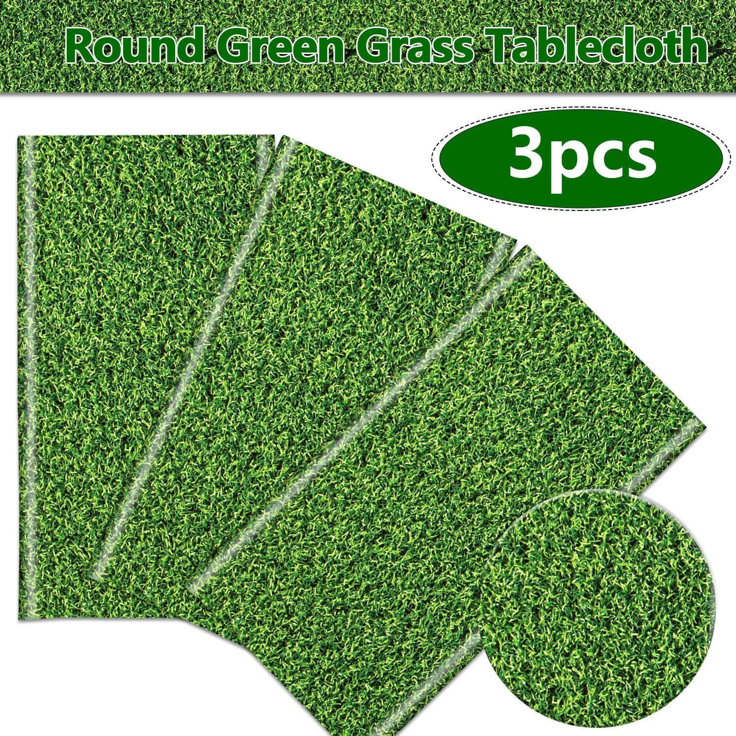 PIXHOTUL 3 Pcs Green Grass Tablecovers, Round Grass Pattern Plastic Tablecloths, Soccer Party Supplies for Sports Theme Parties Supplies Golf Soccer Football Event Decor, 84 x 84 Inch