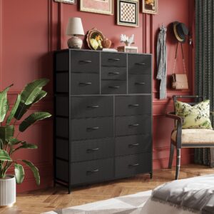 WLIVE Tall Black Dresser for Bedroom Furniture, Fabric Dressers Storage Tower with 15 Deep Drawers, Dresser for Closet, Hallway, Entryway, Office, Storage Tower with Cabinet, Metal Frame, Wooden Top