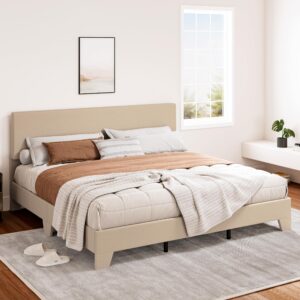 SHA CERLIN Upholstered King Size Bed Frame with Adjustable Headboard, Stable Mattress Foundation, Strong Back-Support, No Box Spring Needed, Beige