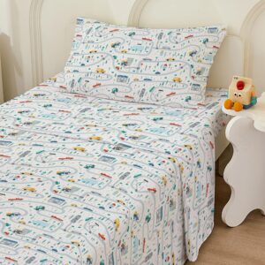 Bedmoon Boys Twin Sheets, Kids Car Truck Bed Sheet Set with Non-Slip Fitted Sheet, Boys Soft Microfiber Twin Sheets & Pillowcases, White