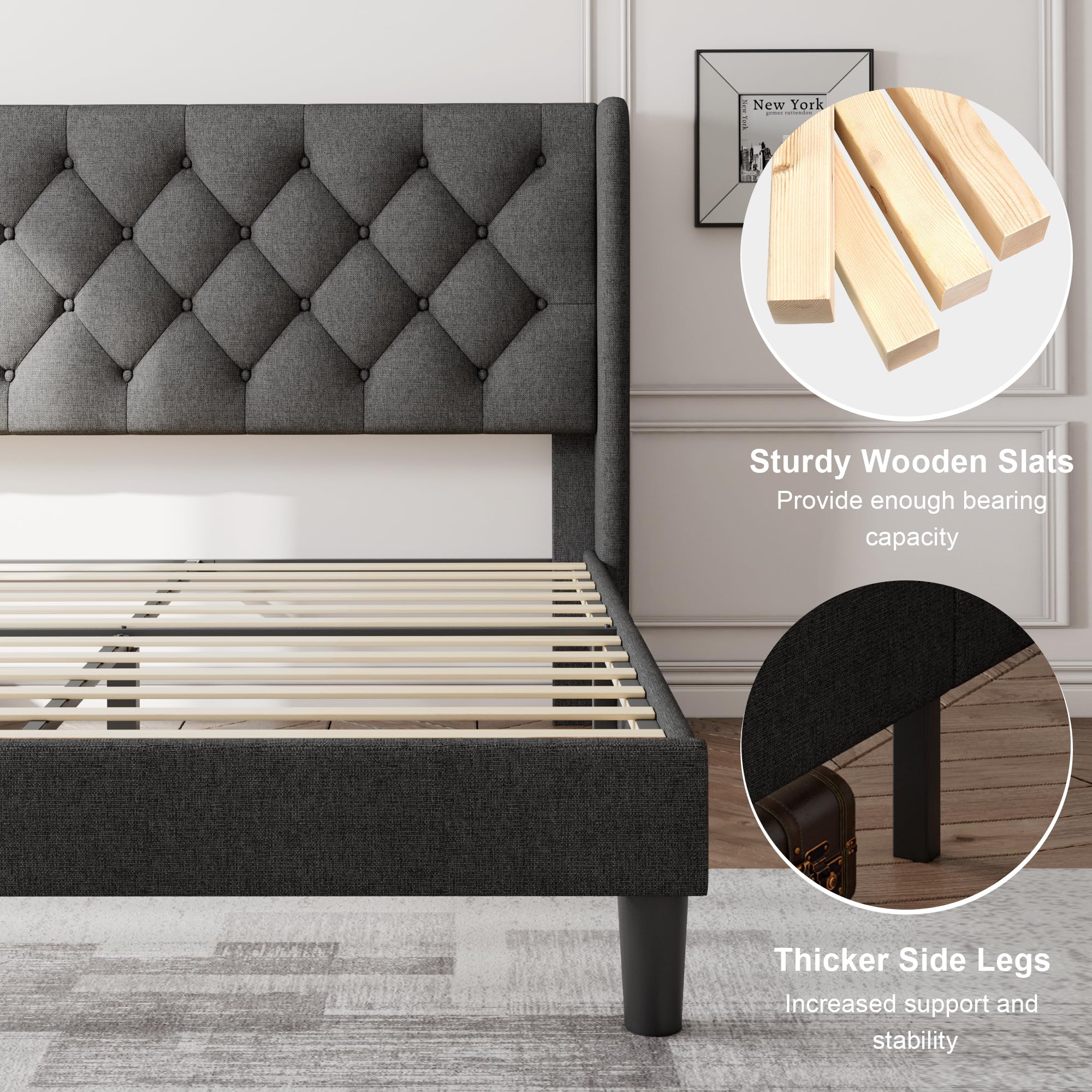 Feonase King Size Bed Frame with Wingback, Upholstered Platform Bed with Diamond Tufted Headboard, Heavy Duty Bed Frame, Wood Slat, Easy Assembly, Noise-Free, No Box Spring Needed, Dark Gray