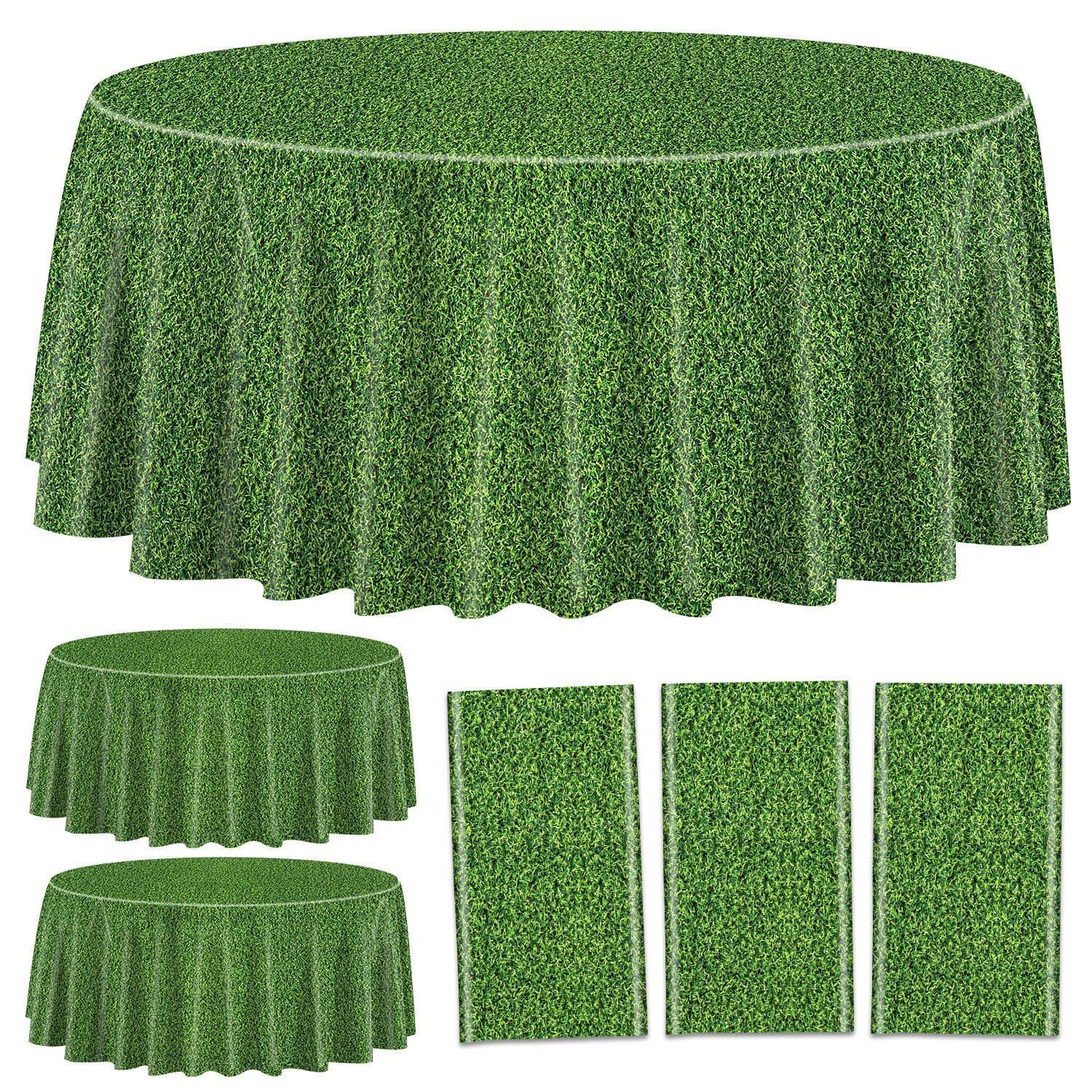 PIXHOTUL 3 Pcs Green Grass Tablecovers, Round Grass Pattern Plastic Tablecloths, Soccer Party Supplies for Sports Theme Parties Supplies Golf Soccer Football Event Decor, 84 x 84 Inch