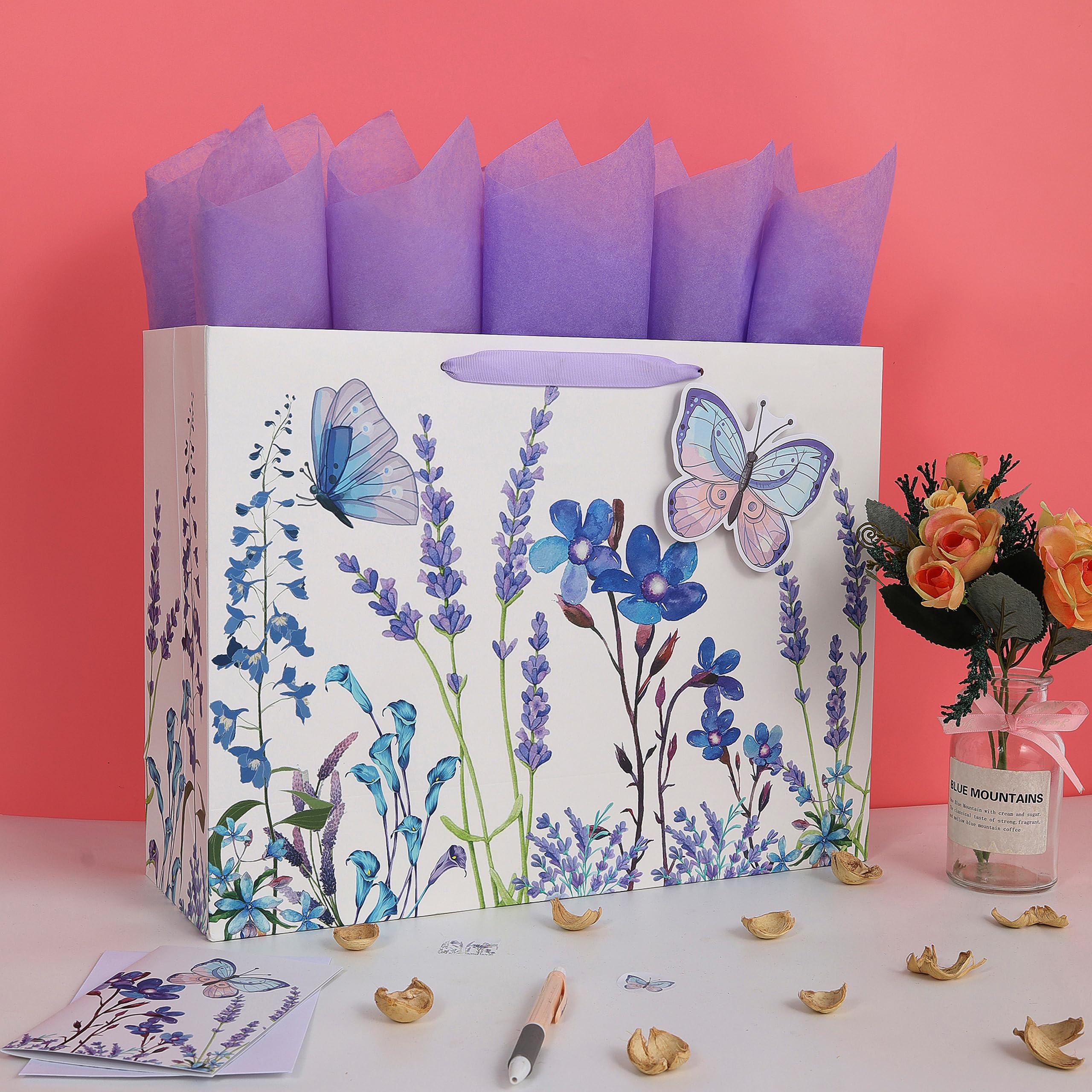 16.5" Extra Large Purple Gift Bag Set with Greeting Card and Tissue Papers (Lavender and 3D Butterfly) for Women's Birthday Party, Girls' or Kids' Party, Mothers' Day, Wedding, Anniversary, Baby Shower - 16.5”x5.5”x12.6”, 1 Pcs.