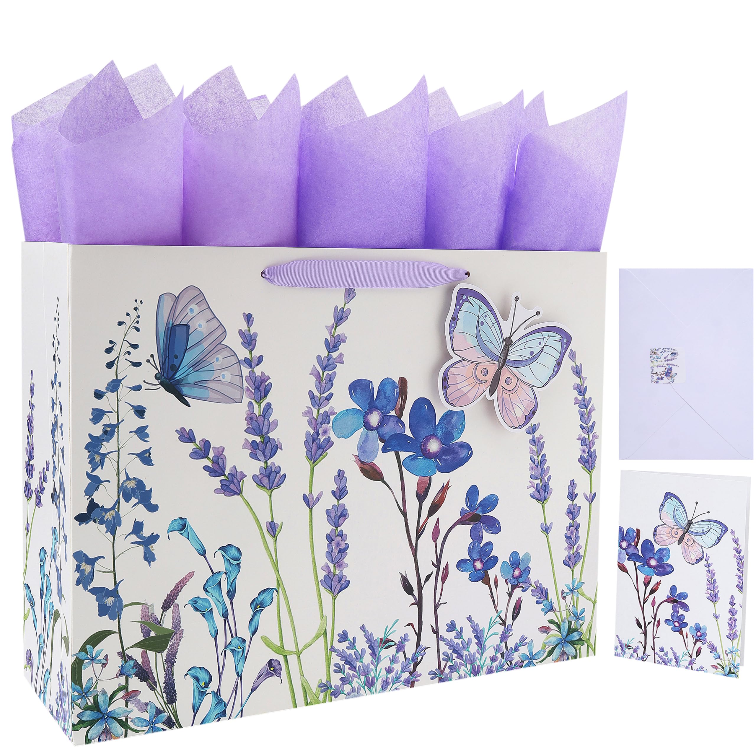 16.5" Extra Large Purple Gift Bag Set with Greeting Card and Tissue Papers (Lavender and 3D Butterfly) for Women's Birthday Party, Girls' or Kids' Party, Mothers' Day, Wedding, Anniversary, Baby Shower - 16.5”x5.5”x12.6”, 1 Pcs.