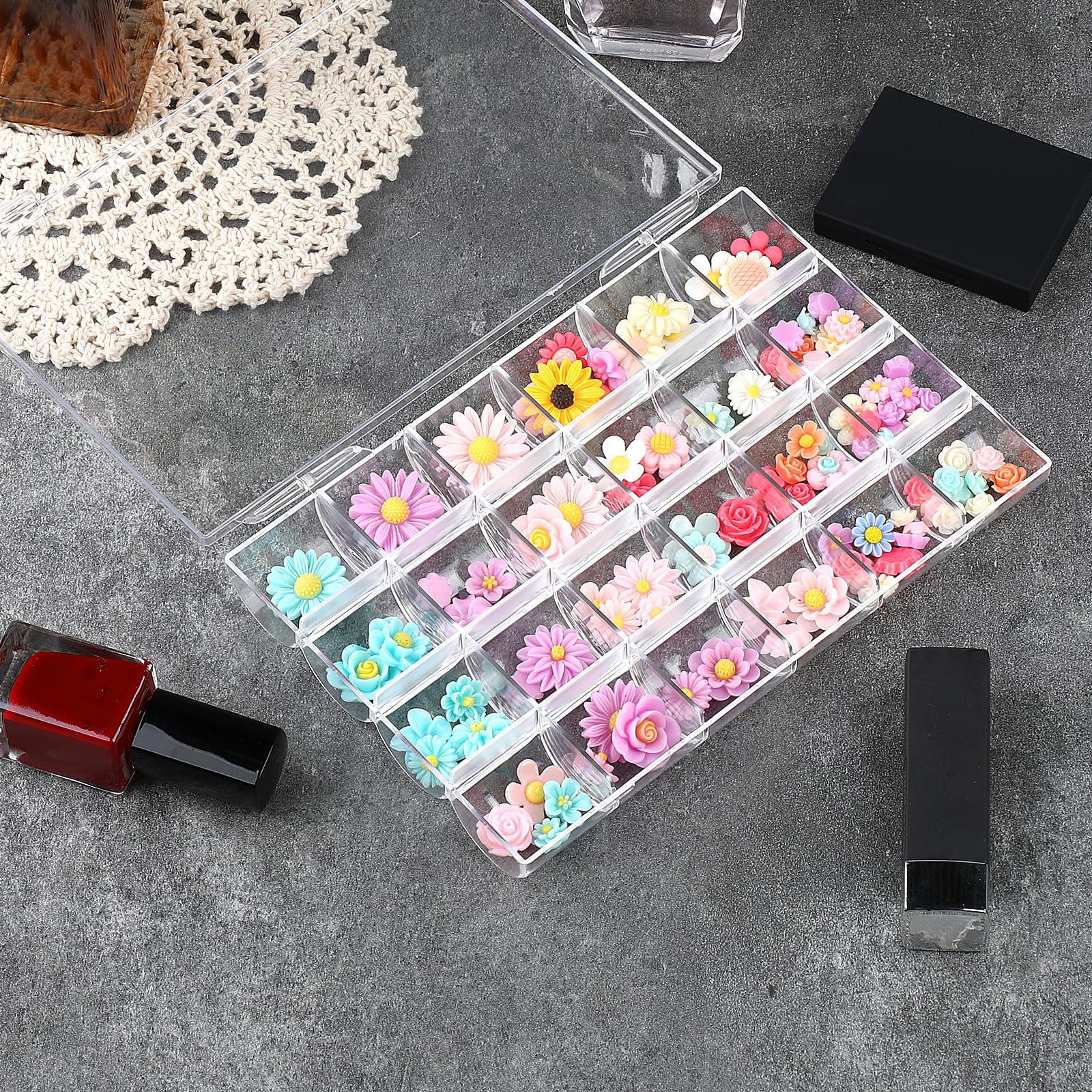 Hariendny 24 Grids Clear Plastic Nail Charm Organizer Box Transparent Nail Charm Organizer Empty Craft Organizers Display Case Compartment Container for Bead Rings Earrings Jewelry DIY Crafts