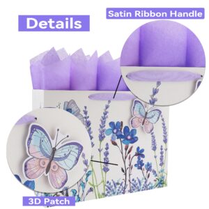 16.5" Extra Large Purple Gift Bag Set with Greeting Card and Tissue Papers (Lavender and 3D Butterfly) for Women's Birthday Party, Girls' or Kids' Party, Mothers' Day, Wedding, Anniversary, Baby Shower - 16.5”x5.5”x12.6”, 1 Pcs.