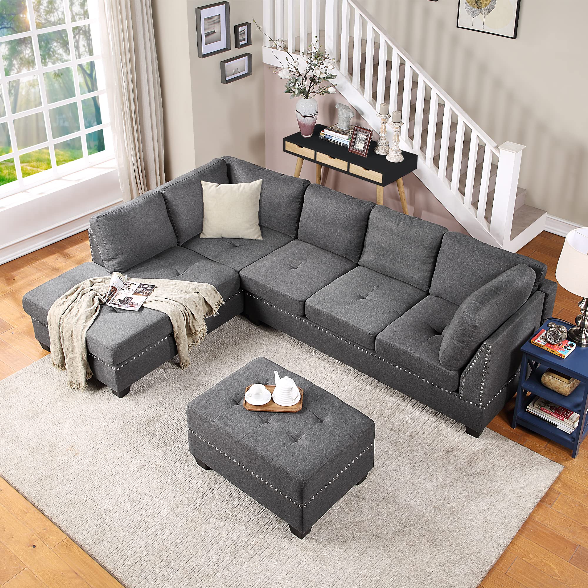 Prohon Oversized Reversible Sectional Sofa with Storage Ottoman, Cup Holder, 3 Pieces Rivet Living Room Furniture Set w/Ornament Ornament Convertible Chaise Modern Modular Sectional Couch, Gray