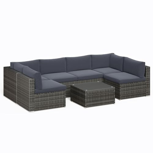 May in Color 7-Piece Modular Outdoor Sectional Wicker Patio Furniture Set with Coffee Table for Porch Balcony Backyard, Dark Blue