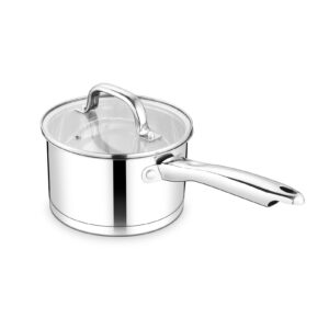 teamfar 2 qt saucepan with lid, stainless steel small sauce milk pan with tri-ply bottom for induction/gas/electric/ceramic, healthy & heavy duty, mirror finish & straight side, dishwasher safe