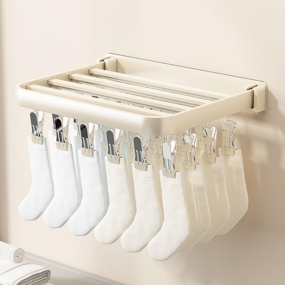 Wall mounted Sock drying rack Clothes Drying Rack,24 Clips Hole-Free Hidden Retractable Clothes Drying Rack Folding Indoor, Laundry Clothes Drying Rack Suitable for Drying Socks (WHITE-24 Clips)