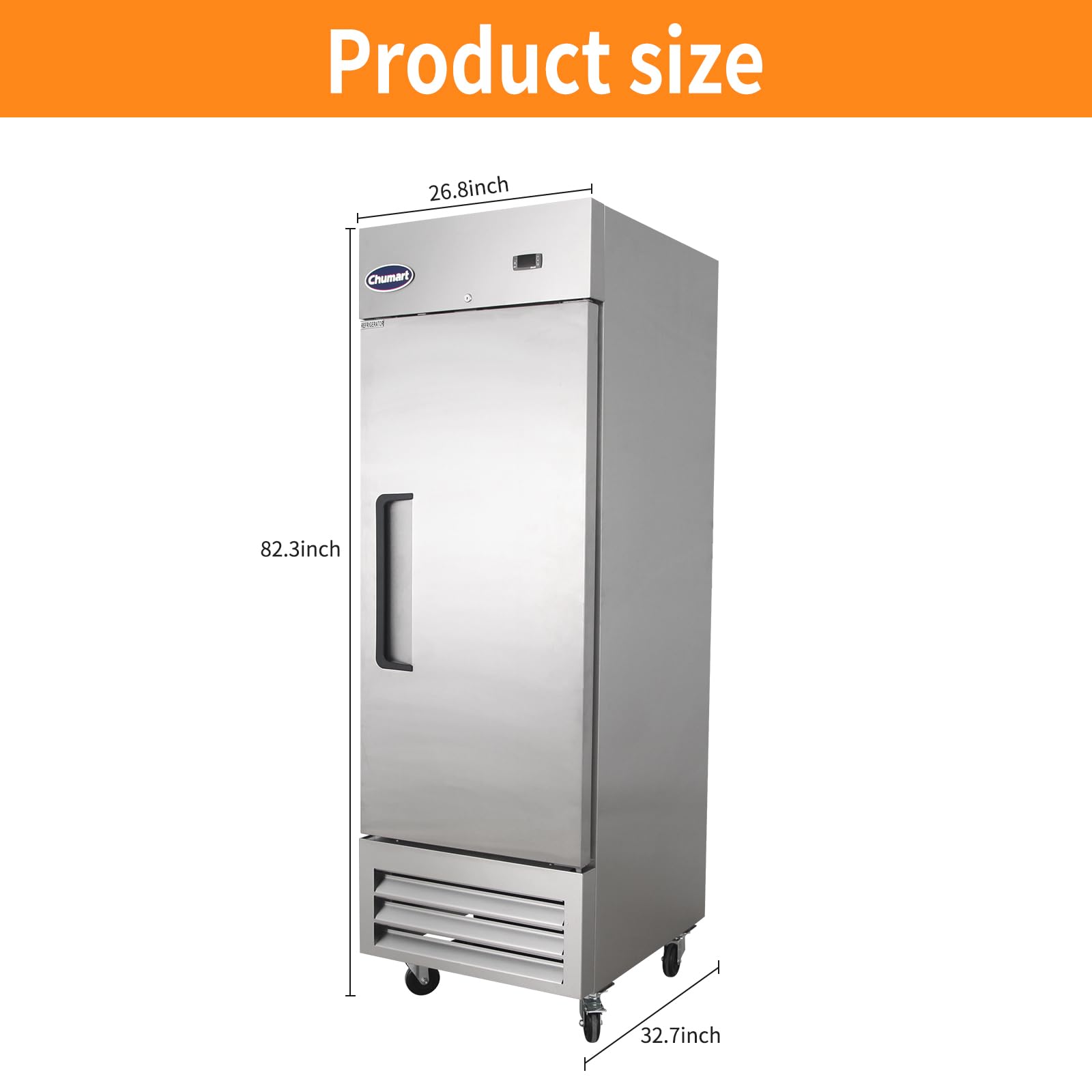 CHUMART 27" W Commercial Refrigerator Single Door 23 Cu.ft Commercial Fridge Fan cooling Stainless Steel Reach-in Refrigerator with Digital Thermostat for Restaurant, Bar, Home, etc