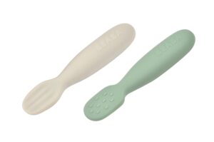 beaba set of 2 silicone pre-spoons, for babies 4-8 months, ultra-soft silicone spoons to help with self feeding, designed with specialist, baby utensils, sage/grey