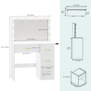 YITAHOME Vanity Desk Set with Large Lighted Mirror & Power Outlet, 3 Color Lighting Modes, Makeup Vanity Table with 4 Drawers, Storage Bench, Bedroom, White