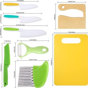 Leking 8 Pcs Wooden Kitchen Knife Set for Kids - Includes Safe Knives, Serrated Plastic Knives, Potato Slicers, Sandwich Cutter, Peeler and Cutting Board