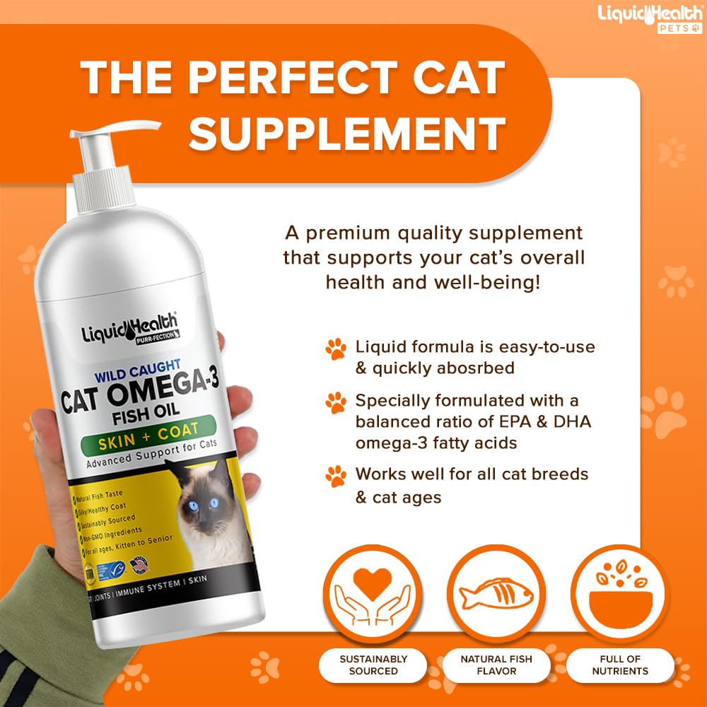 Liquid Health Pets Purr-Fection Omega 3 Fish Oil for Cats - Liquid Omega 3 for Cats with EPA+DPA+DHA, Cat Omega 3 Supplement May Reduce Itching, Support Joint, Immunity, Brain, Heart Health (3 Pack)